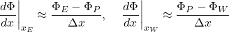 \[\left.\frac{d\Phi}{dx}\right|_{x_E} \approx \frac{\Phi_E - \Phi_P}{\Delta x}, \quad \left.\frac{d\Phi}{dx}\right|_{x_W} \approx \frac{\Phi_P - \Phi_W}{\Delta x}\]