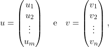 \[ u = \begin{pmatrix}u_1\\ u_2\\ \vdots\\ u_m\end{pmatrix} \quad\text{e}\quad v = \begin{pmatrix}v_1\\ v_2\\ \vdots\\ v_n\end{pmatrix}, \]